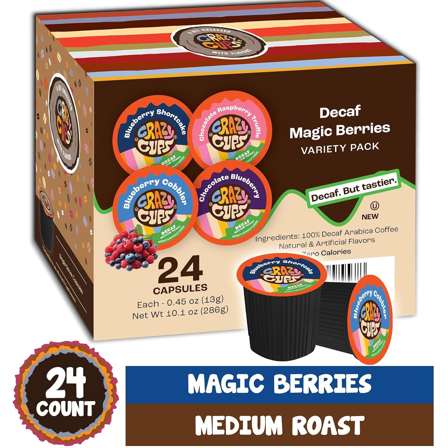 image:imageCrazy Cups Decaf Flavored Coffee Pods Decaf Eggnog Coffee Holiday Blend Coffee Single Serve Coffee for Keurig K Cups Machines Hot or Iced Coffee Medium Roast Coffee 22 CountDecaf Blueberry Variety Pack