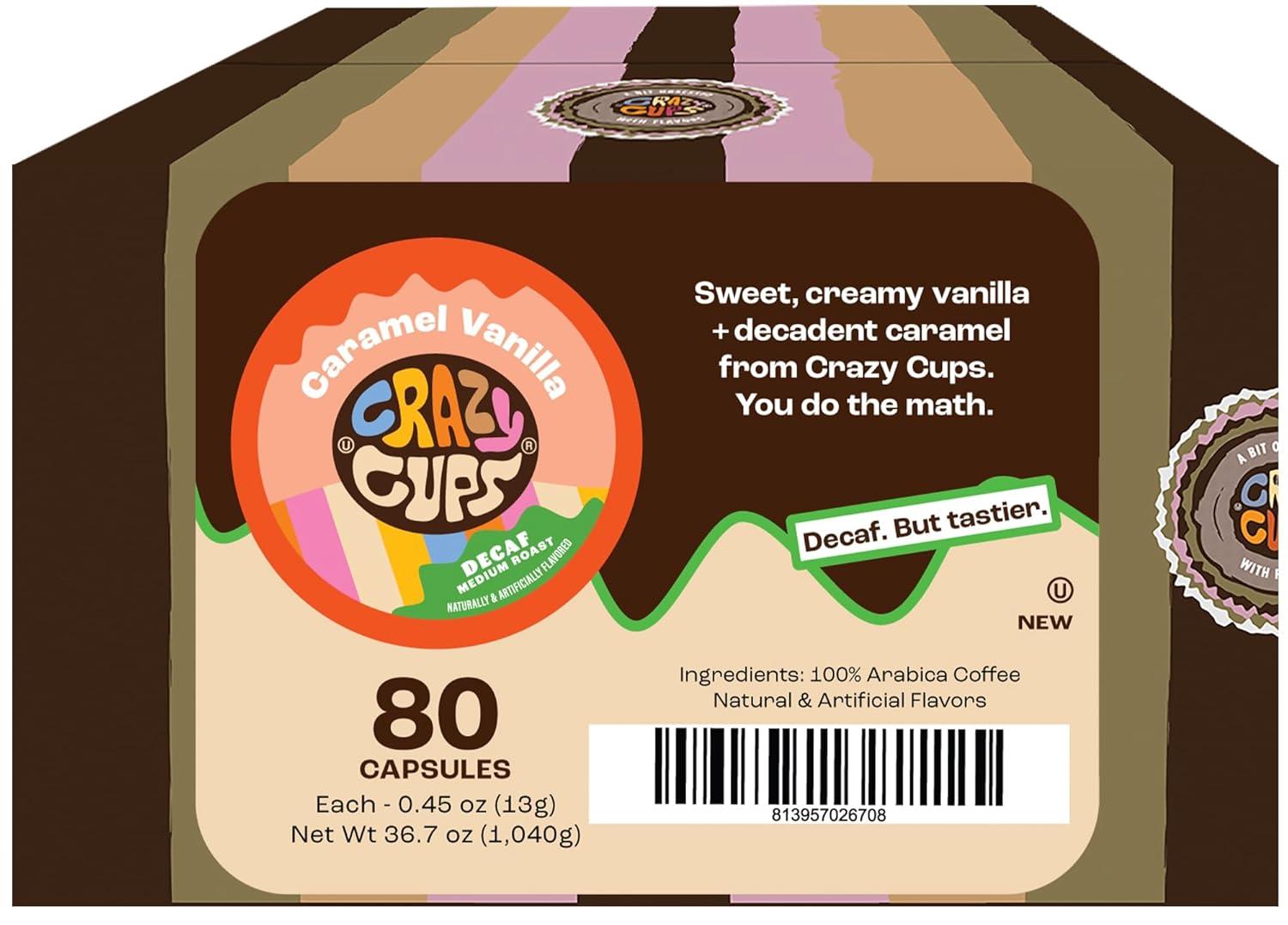 image:imageCrazy Cups Decaf Flavored Coffee Pods Decaf Eggnog Coffee Holiday Blend Coffee Single Serve Coffee for Keurig K Cups Machines Hot or Iced Coffee Medium Roast Coffee 22 CountDecaf Caramel Vanilla