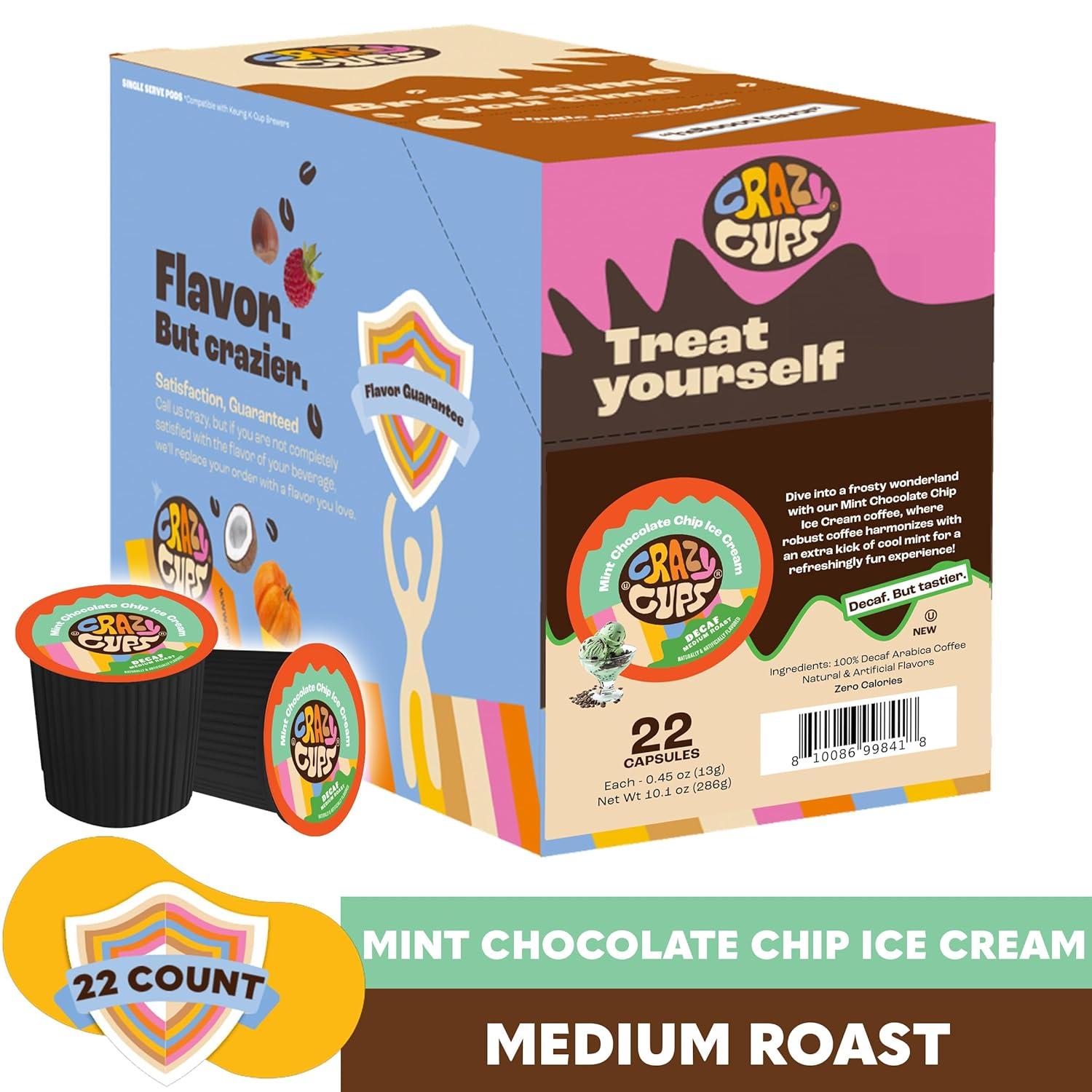 image:imageCrazy Cups Decaf Flavored Coffee Pods Decaf Eggnog Coffee Holiday Blend Coffee Single Serve Coffee for Keurig K Cups Machines Hot or Iced Coffee Medium Roast Coffee 22 CountDecaf Mint Chocolate Chip Ice Cream