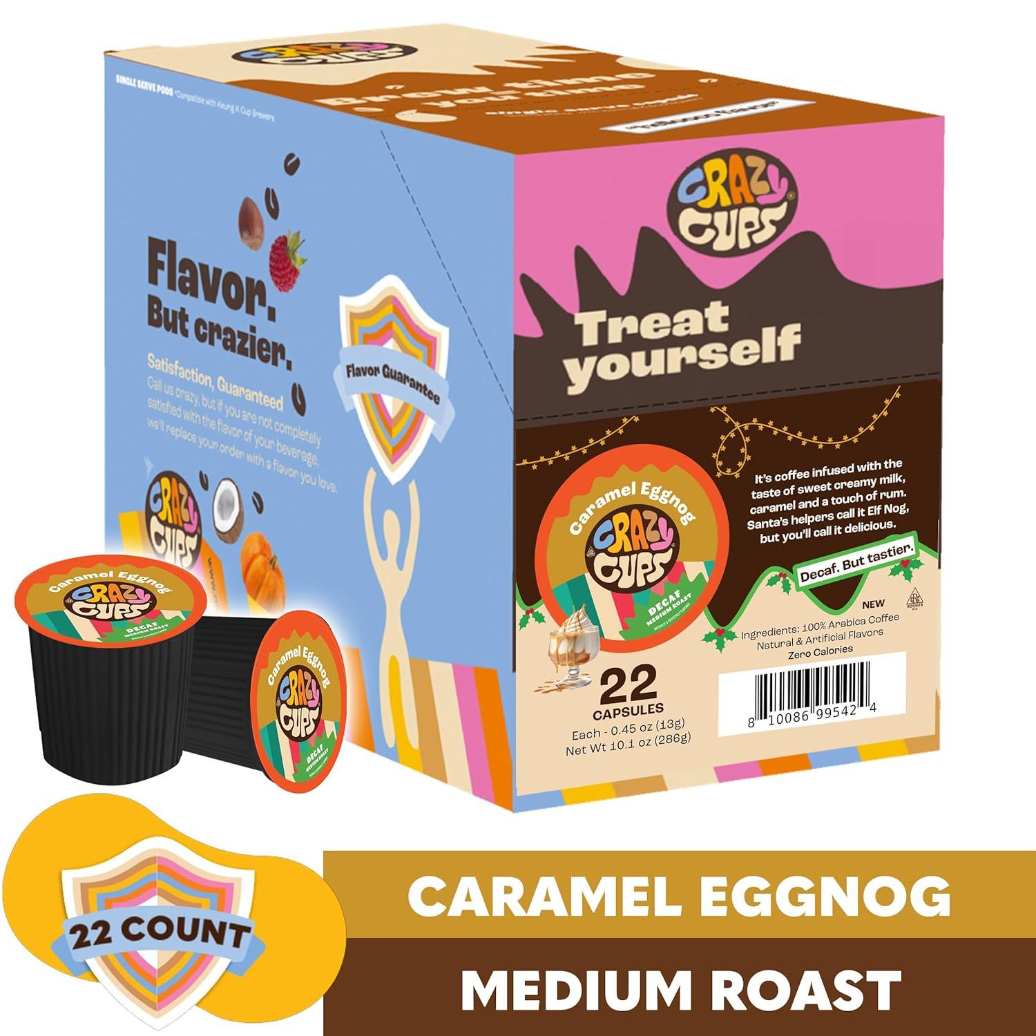 image:imageCrazy Cups Decaf Flavored Coffee Pods Decaf Eggnog Coffee Holiday Blend Coffee Single Serve Coffee for Keurig K Cups Machines Hot or Iced Coffee Medium Roast Coffee 22 CountDecaf Caramel Eggnog