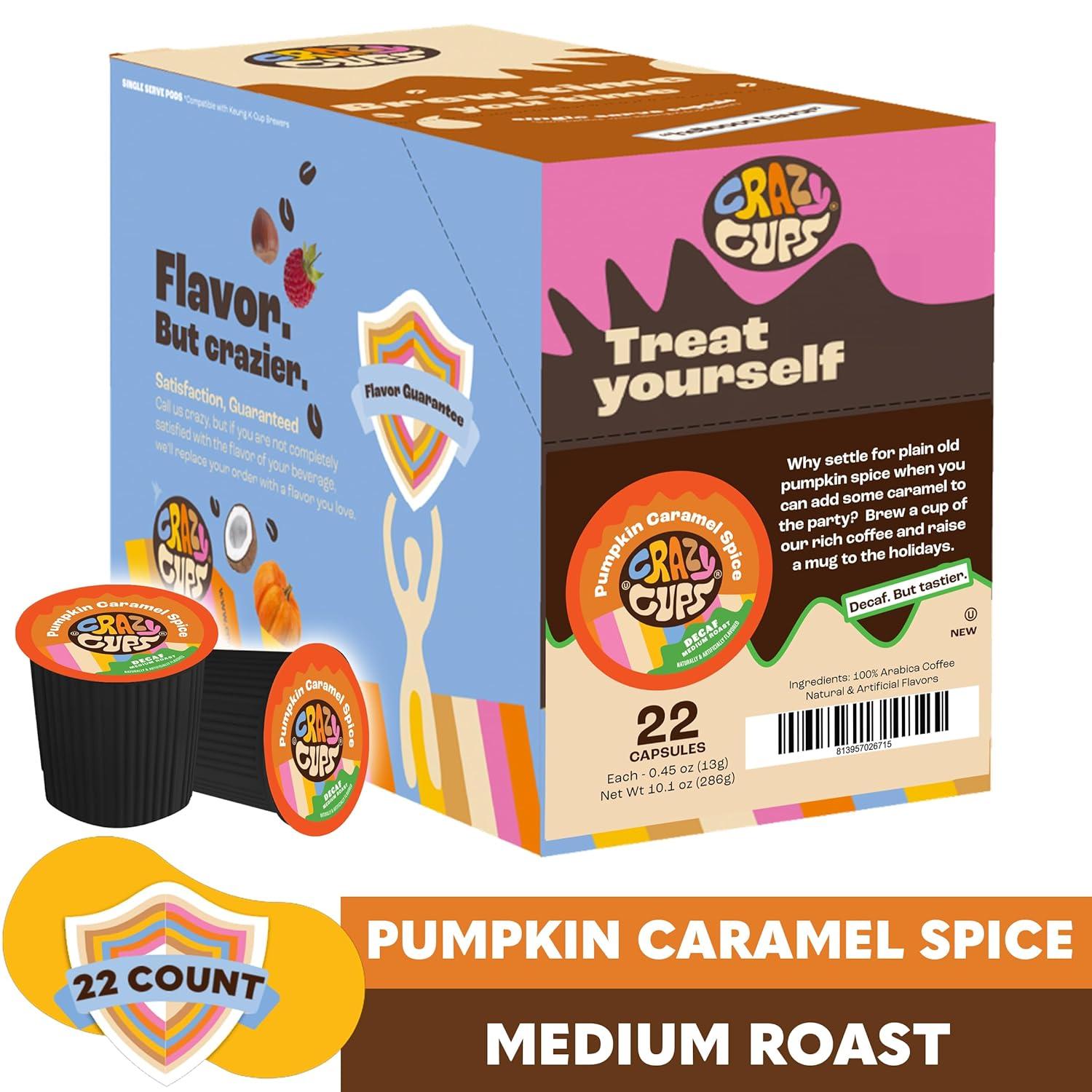 image:imageCrazy Cups Decaf Flavored Coffee Pods Decaf Eggnog Coffee Holiday Blend Coffee Single Serve Coffee for Keurig K Cups Machines Hot or Iced Coffee Medium Roast Coffee 22 CountDecaf Pumpkin Caramel Spice
