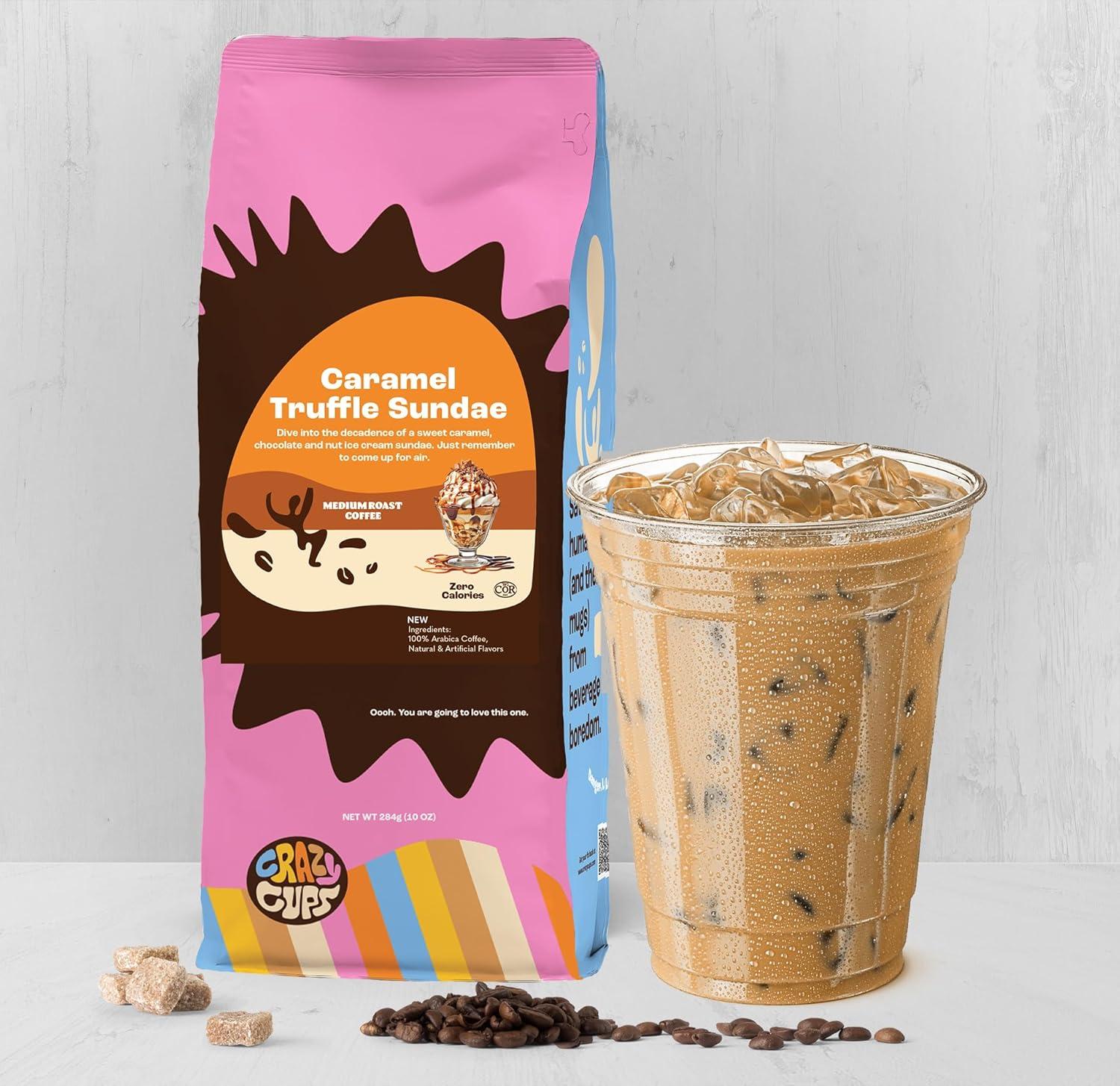 image:imageCrazy Cups Decaf Flavored Ground Coffee Variety Pack Includes Chocolate Hazelnut French Vanilla and Death by Chocolate in 10 oz Bags For Brewing Flavored Hot or Iced Decaf Coffee Variety 3 PackCaramel Truffle Sundae