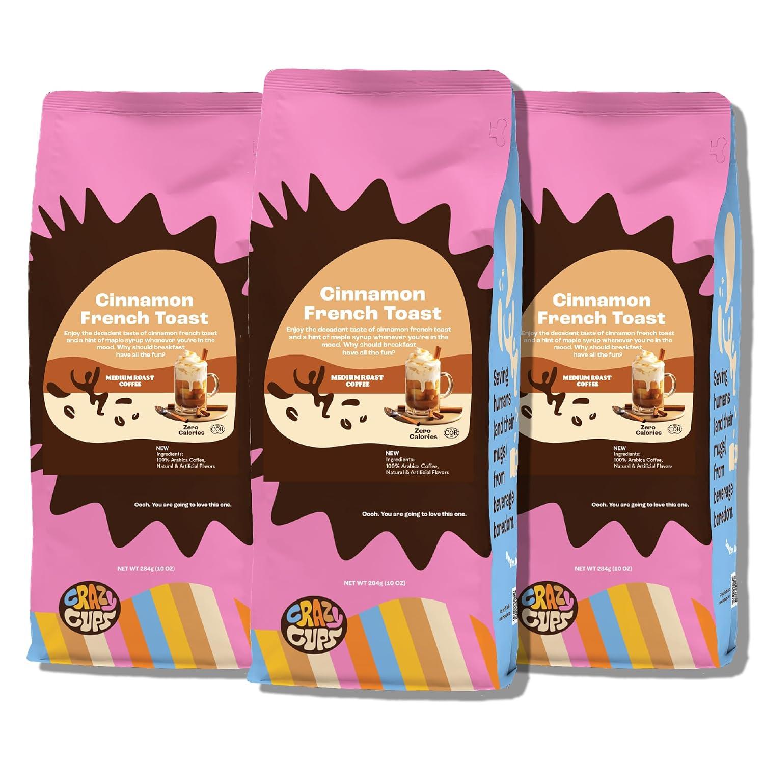 image:imageCrazy Cups Decaf Flavored Ground Coffee Variety Pack Includes Chocolate Hazelnut French Vanilla and Death by Chocolate in 10 oz Bags For Brewing Flavored Hot or Iced Decaf Coffee Variety 3 PackCinnamon French Toast