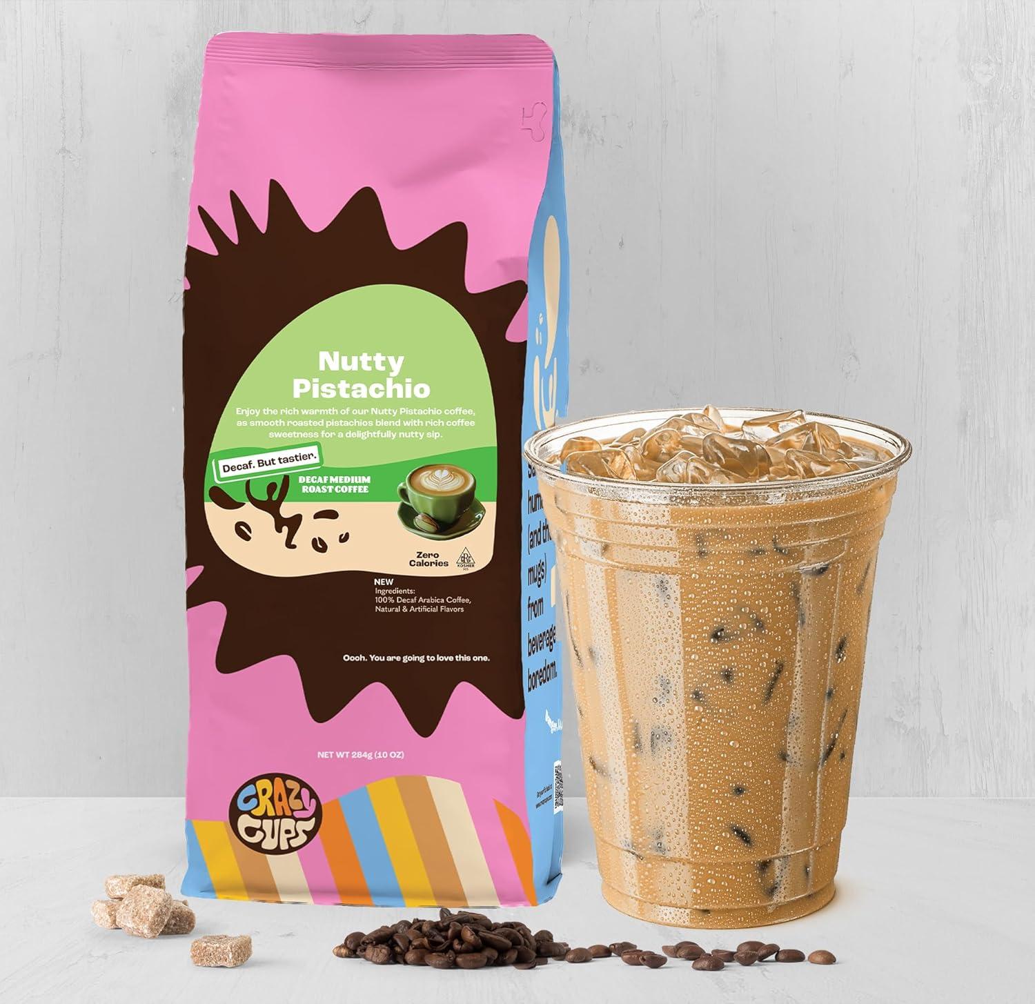 image:imageCrazy Cups Decaf Flavored Ground Coffee Variety Pack Includes Chocolate Hazelnut French Vanilla and Death by Chocolate in 10 oz Bags For Brewing Flavored Hot or Iced Decaf Coffee Variety 3 PackDecaf Pistachio