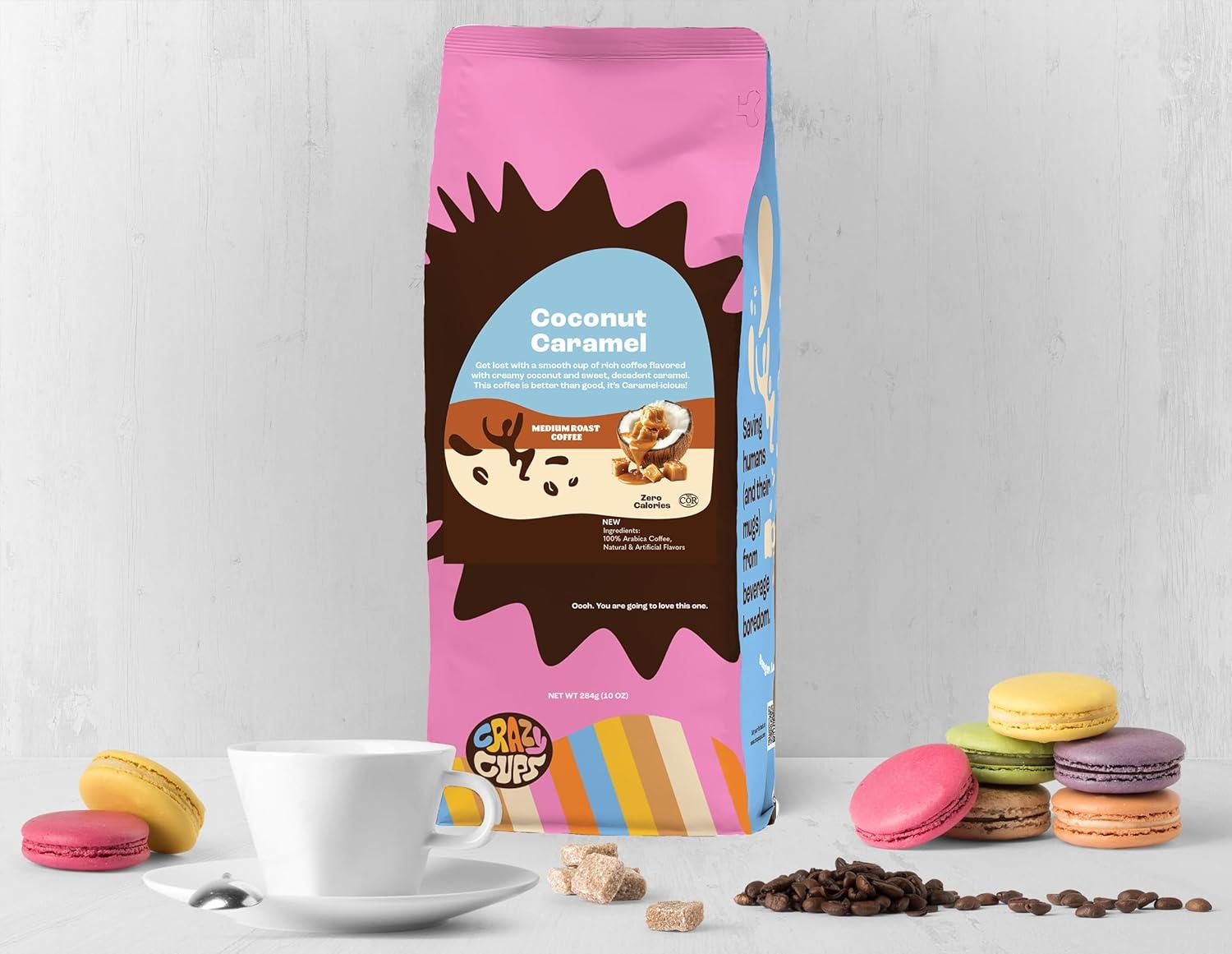 image:imageCrazy Cups Decaf Flavored Ground Coffee Variety Pack Includes Chocolate Hazelnut French Vanilla and Death by Chocolate in 10 oz Bags For Brewing Flavored Hot or Iced Decaf Coffee Variety 3 PackCoconut Caramel