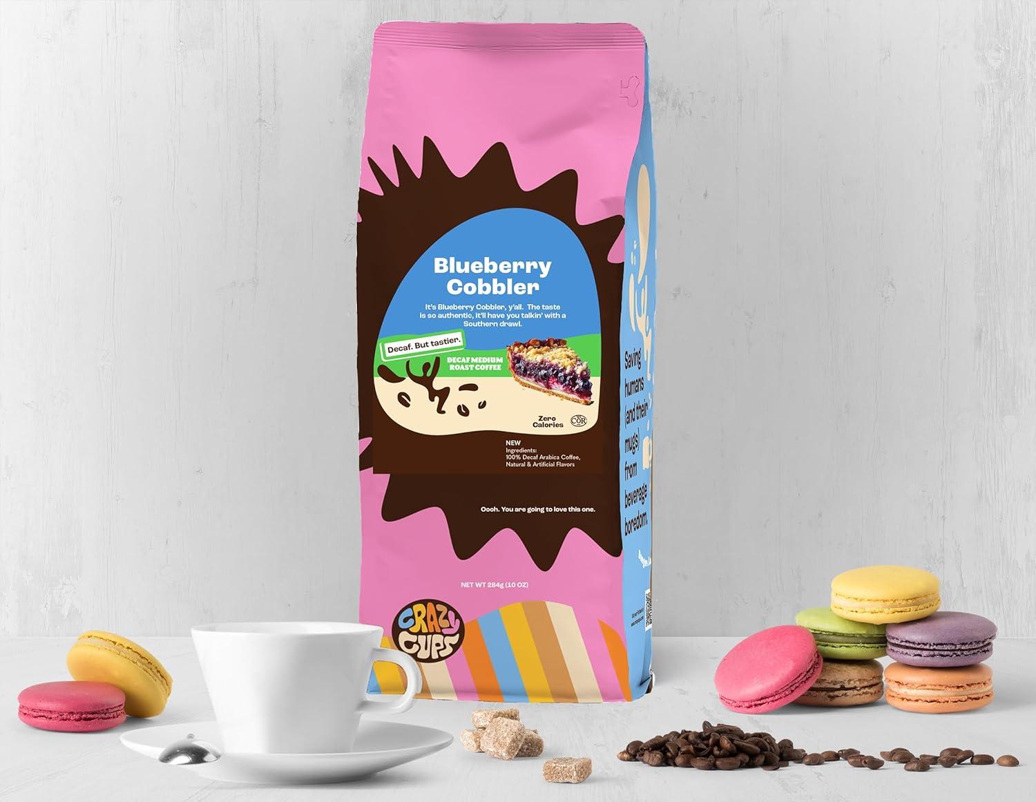 image:imageCrazy Cups Decaf Flavored Ground Coffee Variety Pack Includes Chocolate Hazelnut French Vanilla and Death by Chocolate in 10 oz Bags For Brewing Flavored Hot or Iced Decaf Coffee Variety 3 PackDecaf Blueberry Cobbler