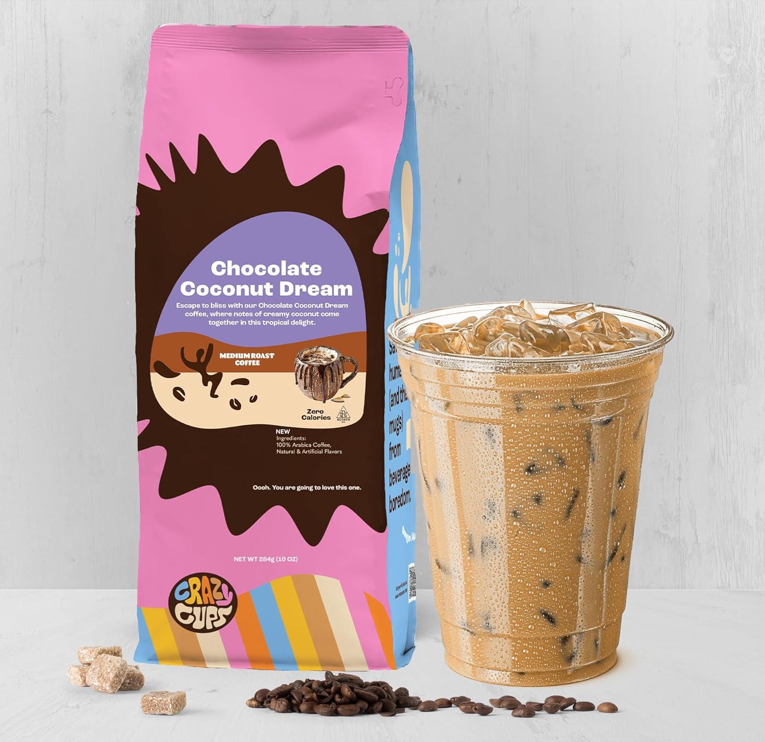 image:imageCrazy Cups Decaf Flavored Ground Coffee Variety Pack Includes Chocolate Hazelnut French Vanilla and Death by Chocolate in 10 oz Bags For Brewing Flavored Hot or Iced Decaf Coffee Variety 3 PackChocolate Coconut Dream