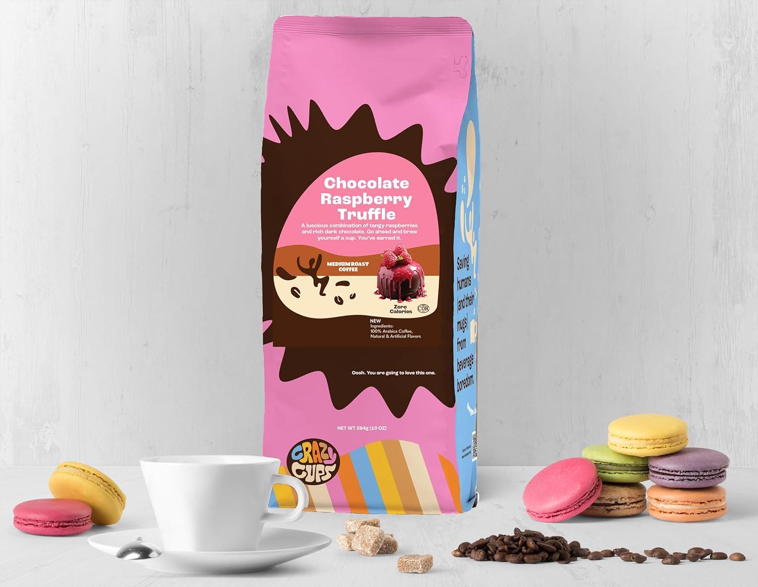 image:imageCrazy Cups Decaf Flavored Ground Coffee Variety Pack Includes Chocolate Hazelnut French Vanilla and Death by Chocolate in 10 oz Bags For Brewing Flavored Hot or Iced Decaf Coffee Variety 3 PackChocolate Raspberry
