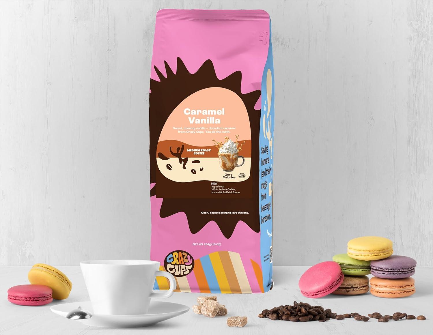 image:imageCrazy Cups Decaf Flavored Ground Coffee Variety Pack Includes Chocolate Hazelnut French Vanilla and Death by Chocolate in 10 oz Bags For Brewing Flavored Hot or Iced Decaf Coffee Variety 3 PackCaramel Vanilla