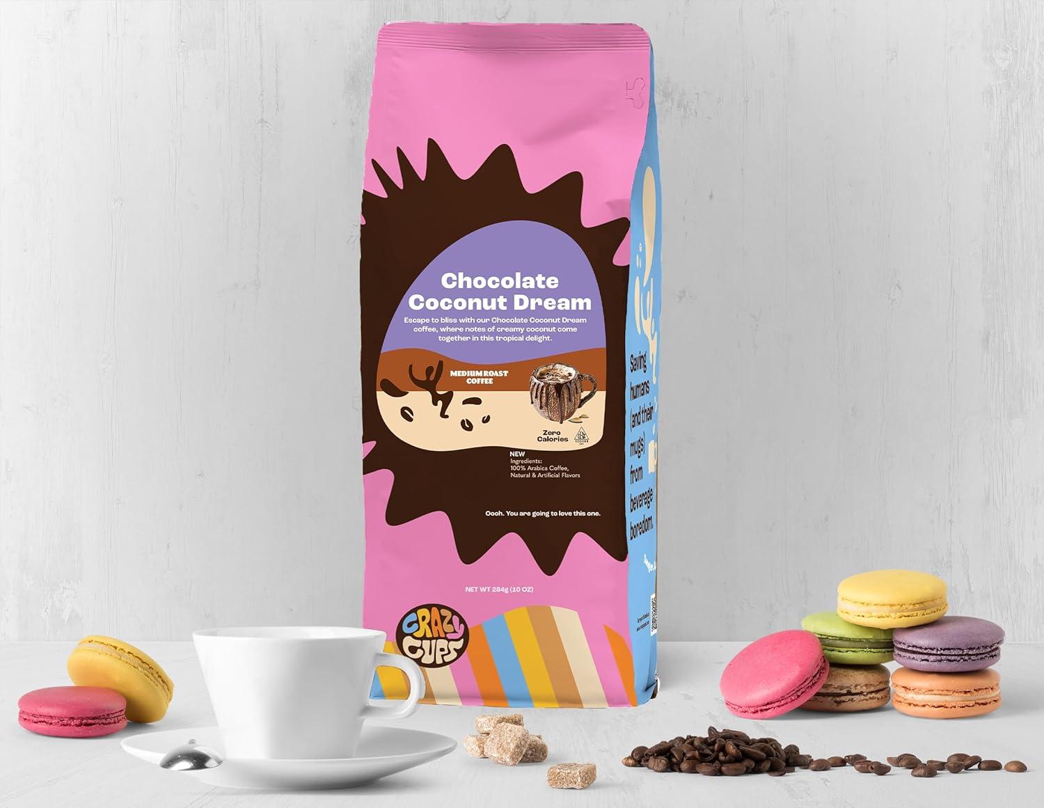 image:imageCrazy Cups Decaf Flavored Ground Coffee Variety Pack Includes Chocolate Hazelnut French Vanilla and Death by Chocolate in 10 oz Bags For Brewing Flavored Hot or Iced Decaf Coffee Variety 3 PackChocolate Coconut Dream