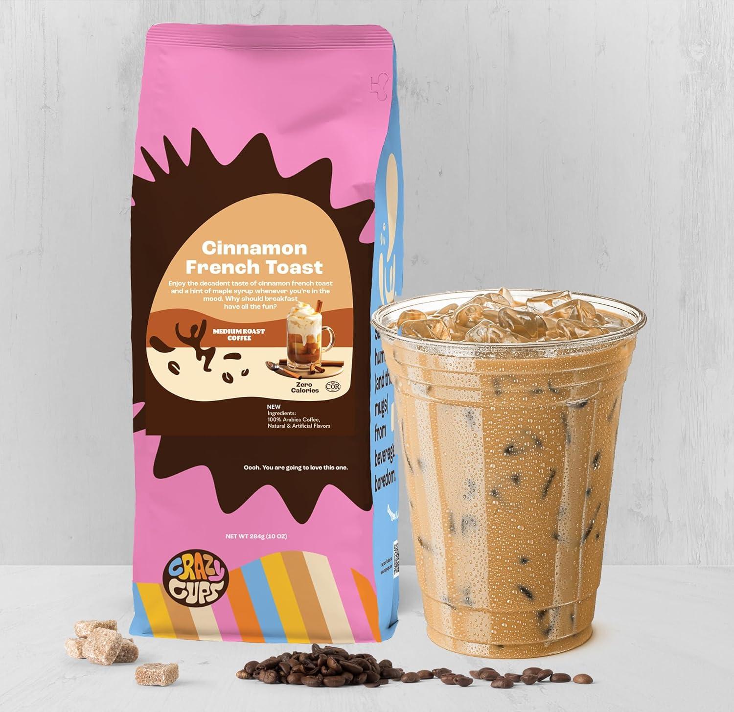 image:imageCrazy Cups Decaf Flavored Ground Coffee Variety Pack Includes Chocolate Hazelnut French Vanilla and Death by Chocolate in 10 oz Bags For Brewing Flavored Hot or Iced Decaf Coffee Variety 3 PackCinnamon French Toast