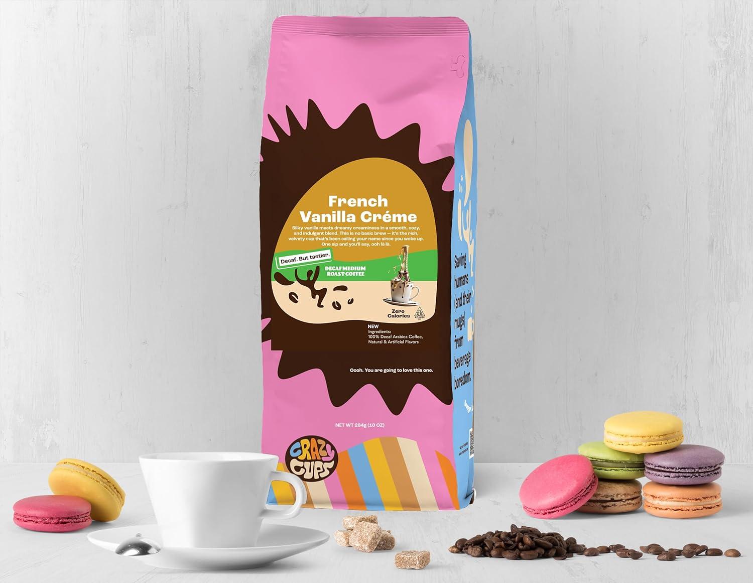 image:imageCrazy Cups Decaf Flavored Ground Coffee Variety Pack Includes Chocolate Hazelnut French Vanilla and Death by Chocolate in 10 oz Bags For Brewing Flavored Hot or Iced Decaf Coffee Variety 3 PackDecaf French Vanilla Crme