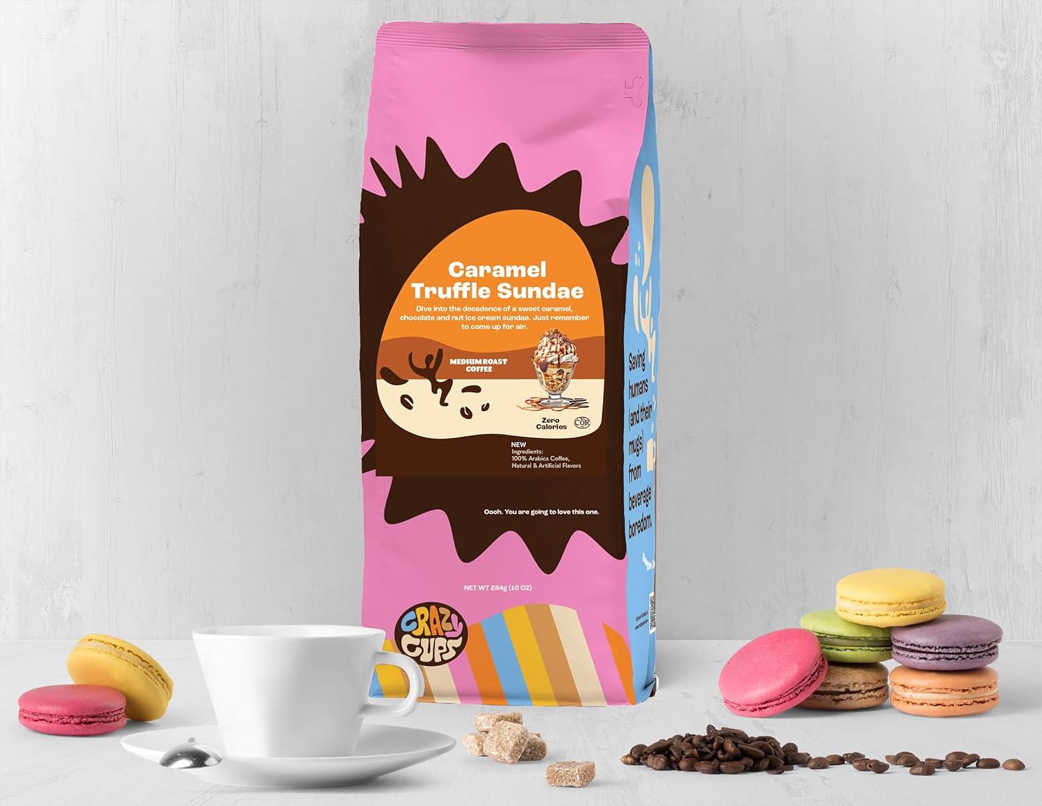 image:imageCrazy Cups Decaf Flavored Ground Coffee Variety Pack Includes Chocolate Hazelnut French Vanilla and Death by Chocolate in 10 oz Bags For Brewing Flavored Hot or Iced Decaf Coffee Variety 3 PackCaramel Truffle Sundae