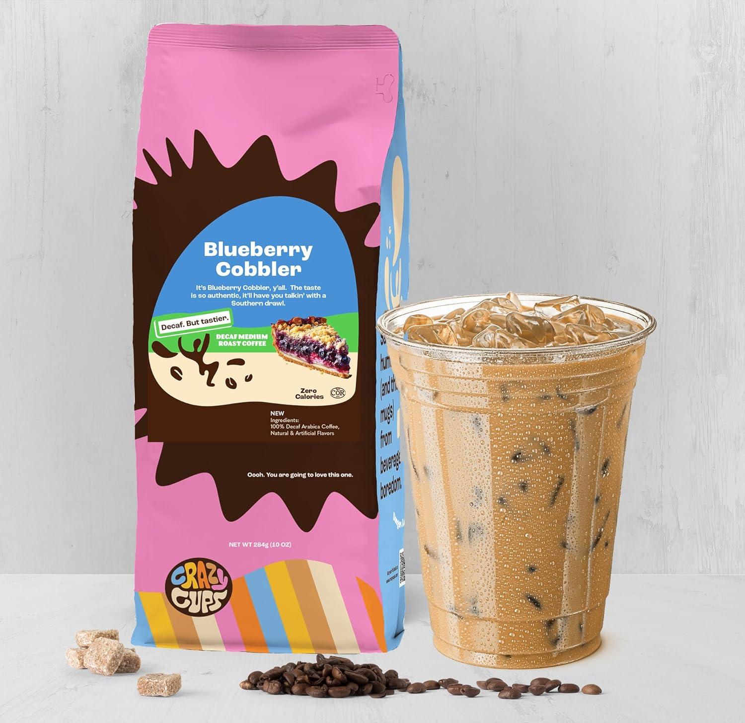 image:imageCrazy Cups Decaf Flavored Ground Coffee Variety Pack Includes Chocolate Hazelnut French Vanilla and Death by Chocolate in 10 oz Bags For Brewing Flavored Hot or Iced Decaf Coffee Variety 3 PackDecaf Blueberry Cobbler