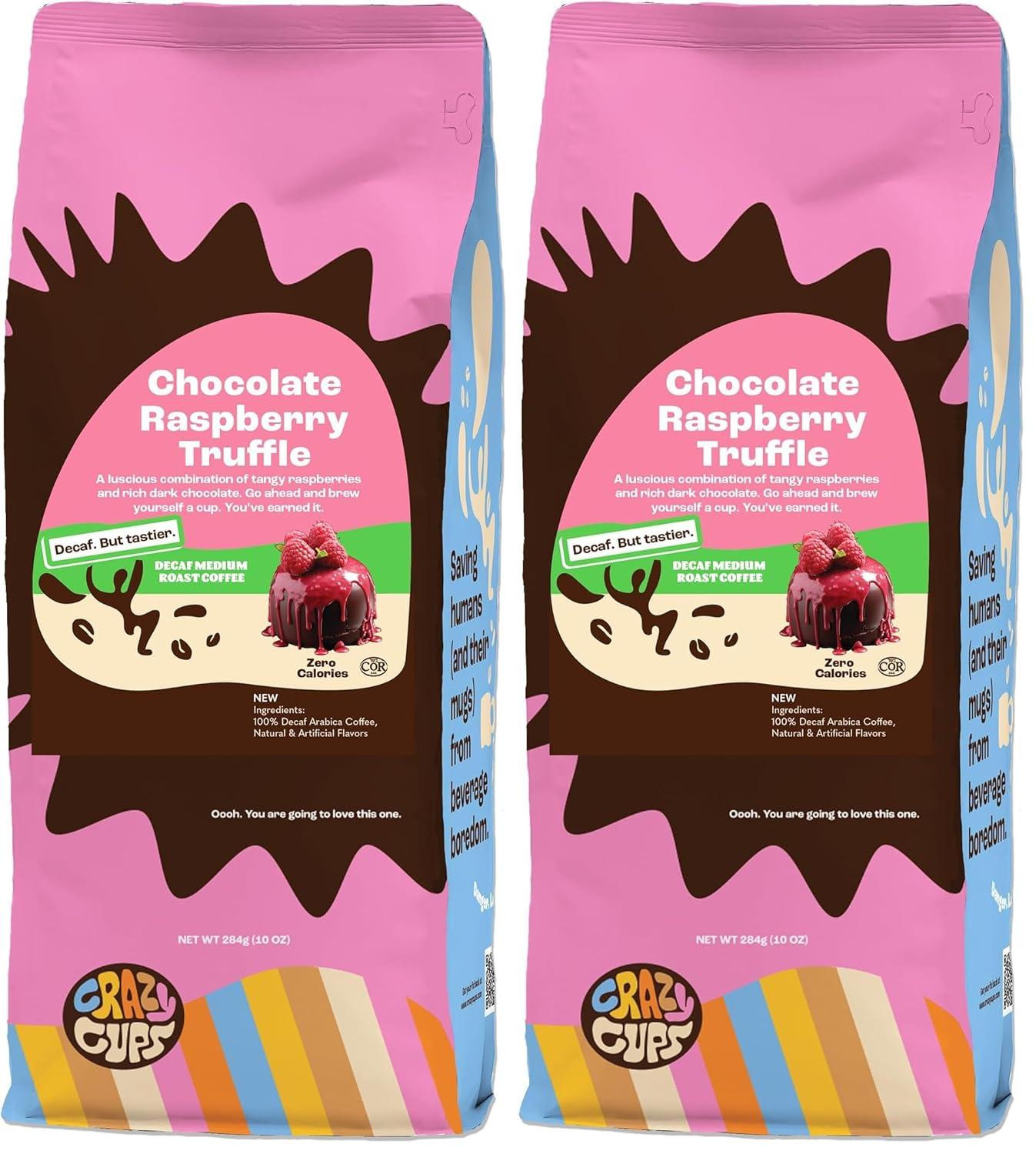 image:imageCrazy Cups Decaf Flavored Ground Coffee Variety Pack Includes Chocolate Hazelnut French Vanilla and Death by Chocolate in 10 oz Bags For Brewing Flavored Hot or Iced Decaf Coffee Variety 3 PackDecaf Chocolate Raspberry Truffle