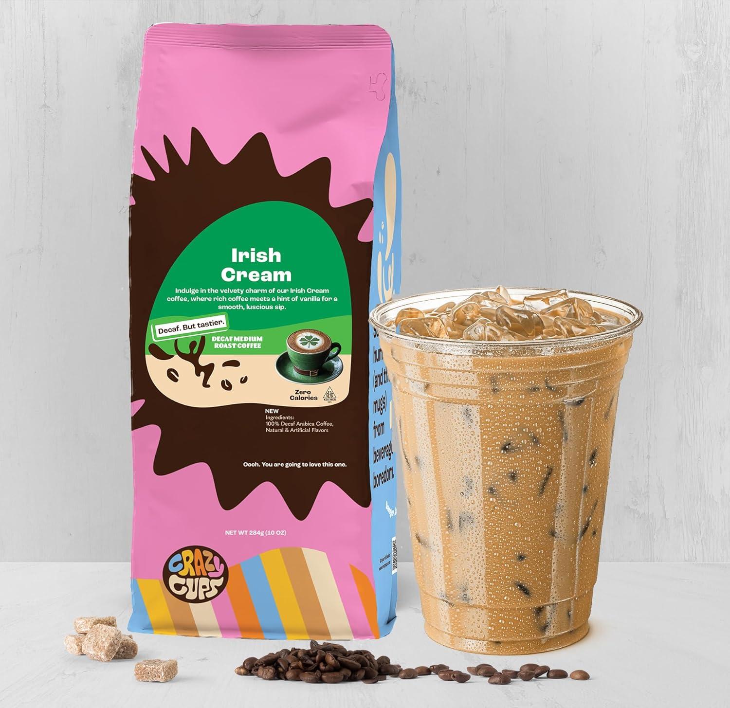 image:imageCrazy Cups Decaf Flavored Ground Coffee Variety Pack Includes Chocolate Hazelnut French Vanilla and Death by Chocolate in 10 oz Bags For Brewing Flavored Hot or Iced Decaf Coffee Variety 3 PackDecaf Irish Cream