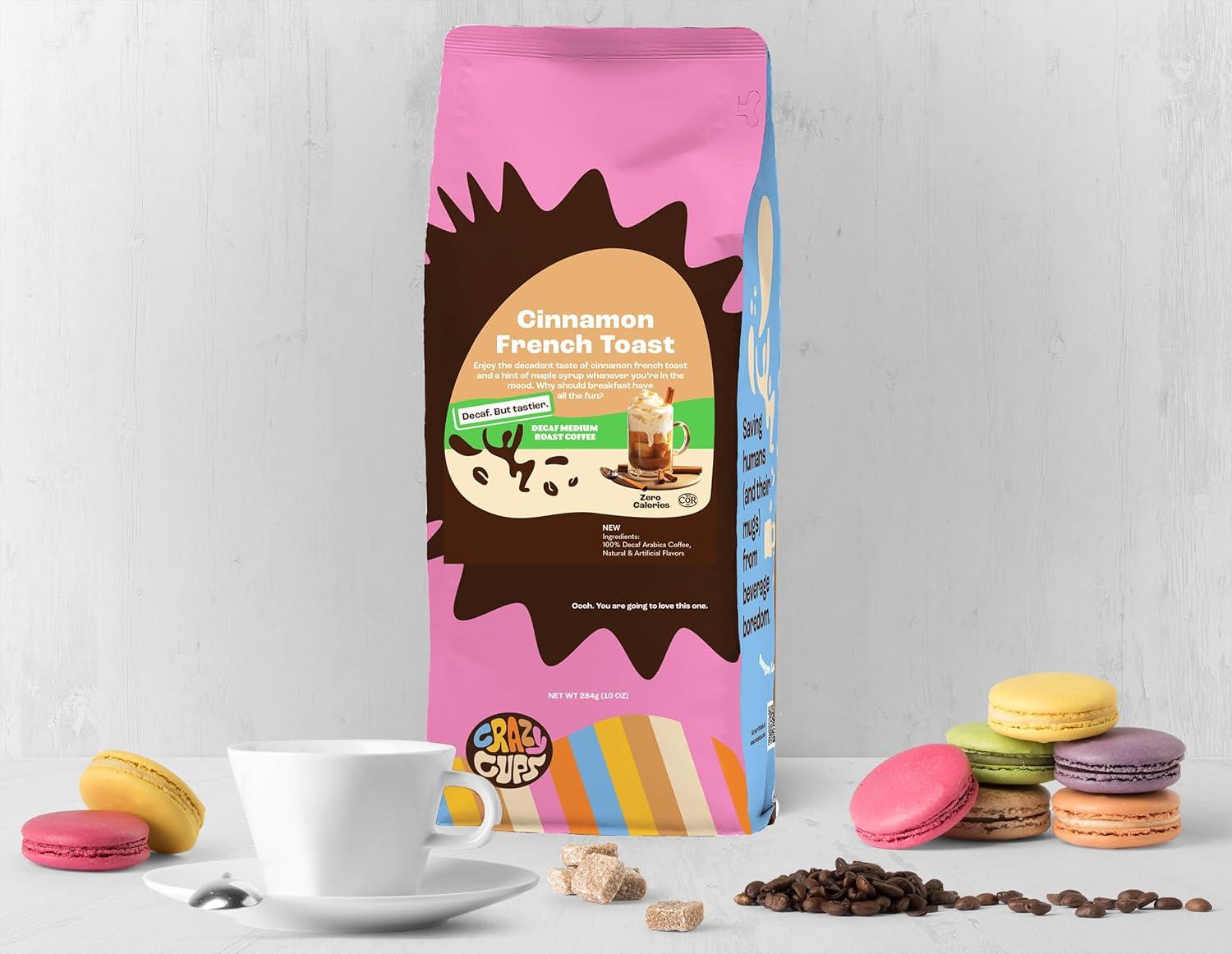image:imageCrazy Cups Decaf Flavored Ground Coffee Variety Pack Includes Chocolate Hazelnut French Vanilla and Death by Chocolate in 10 oz Bags For Brewing Flavored Hot or Iced Decaf Coffee Variety 3 PackDecaf Cinnamon French Toast