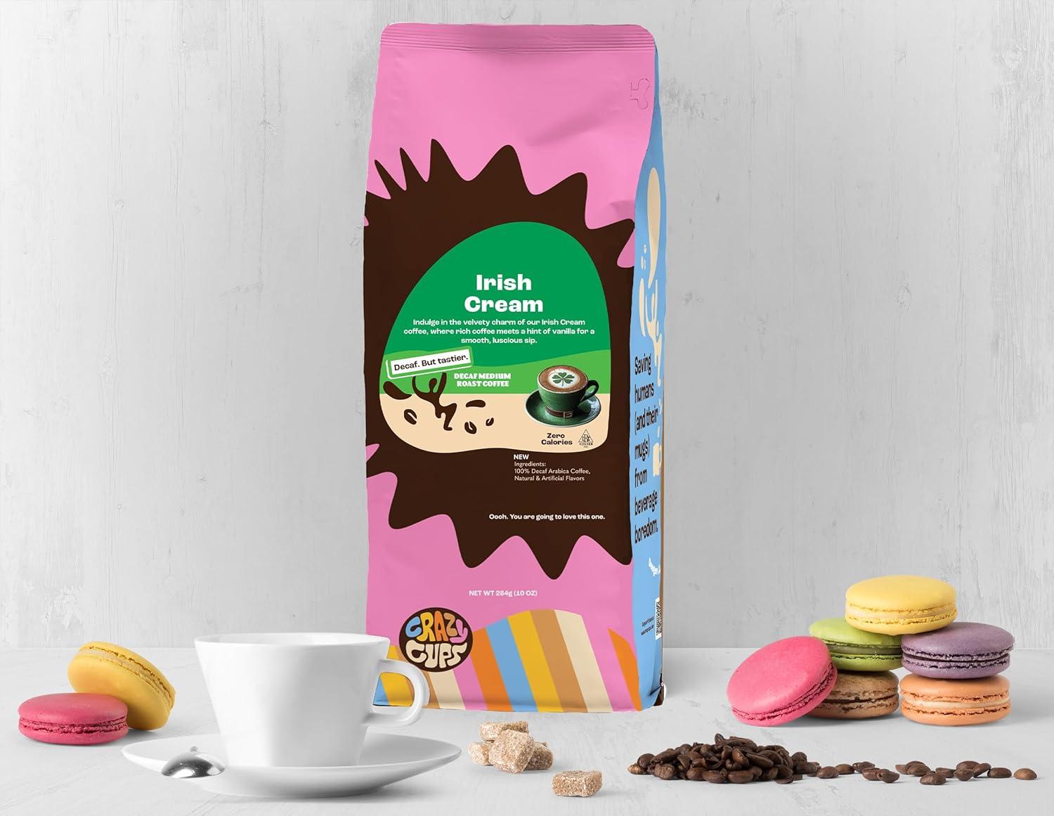 image:imageCrazy Cups Decaf Flavored Ground Coffee Variety Pack Includes Chocolate Hazelnut French Vanilla and Death by Chocolate in 10 oz Bags For Brewing Flavored Hot or Iced Decaf Coffee Variety 3 PackDecaf Irish Cream