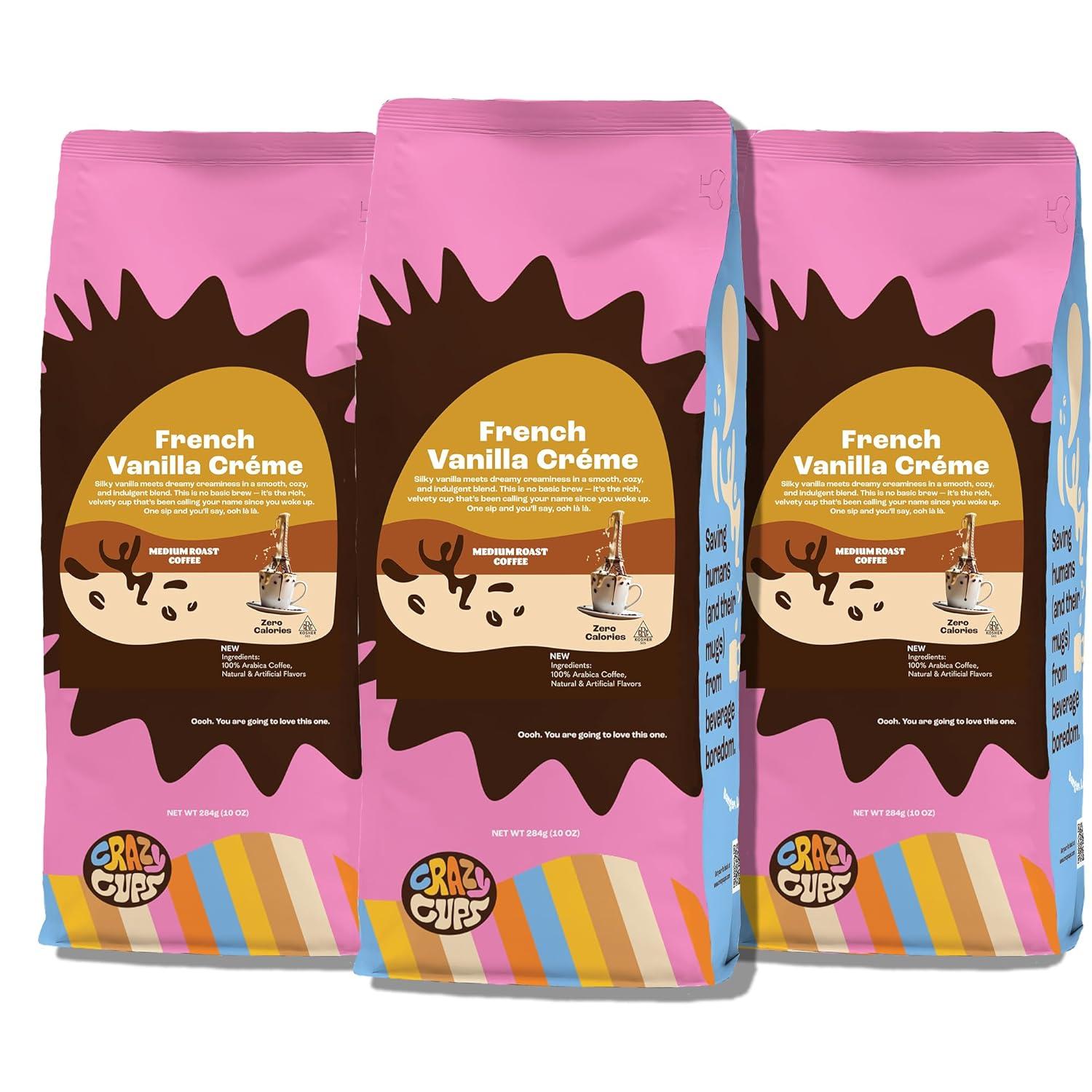 image:imageCrazy Cups Decaf Flavored Ground Coffee Variety Pack Includes Chocolate Hazelnut French Vanilla and Death by Chocolate in 10 oz Bags For Brewing Flavored Hot or Iced Decaf Coffee Variety 3 PackFrench Vanilla Crme