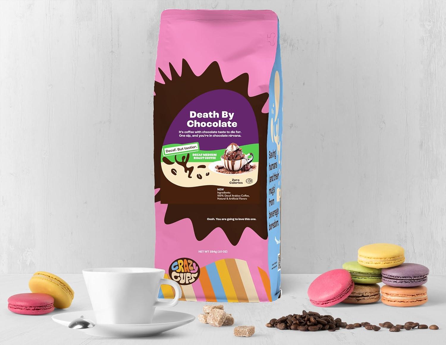image:imageCrazy Cups Decaf Flavored Ground Coffee Variety Pack Includes Chocolate Hazelnut French Vanilla and Death by Chocolate in 10 oz Bags For Brewing Flavored Hot or Iced Decaf Coffee Variety 3 PackDecaf Death by Chocolate