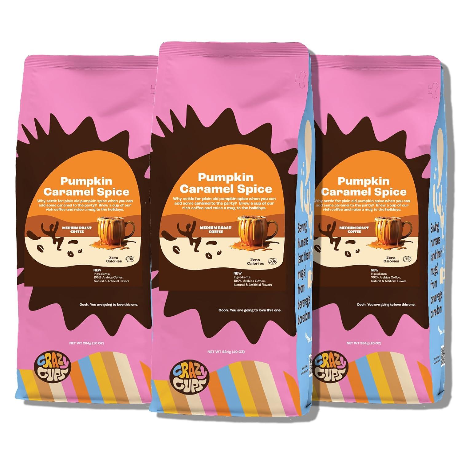 image:imageCrazy Cups Flavored Holiday Ground Coffee Variety Pack Includes Holiday Spice White Christmas Caramel Eggnog in 10 oz Bags 3 PackPumpkin Caramel Spice