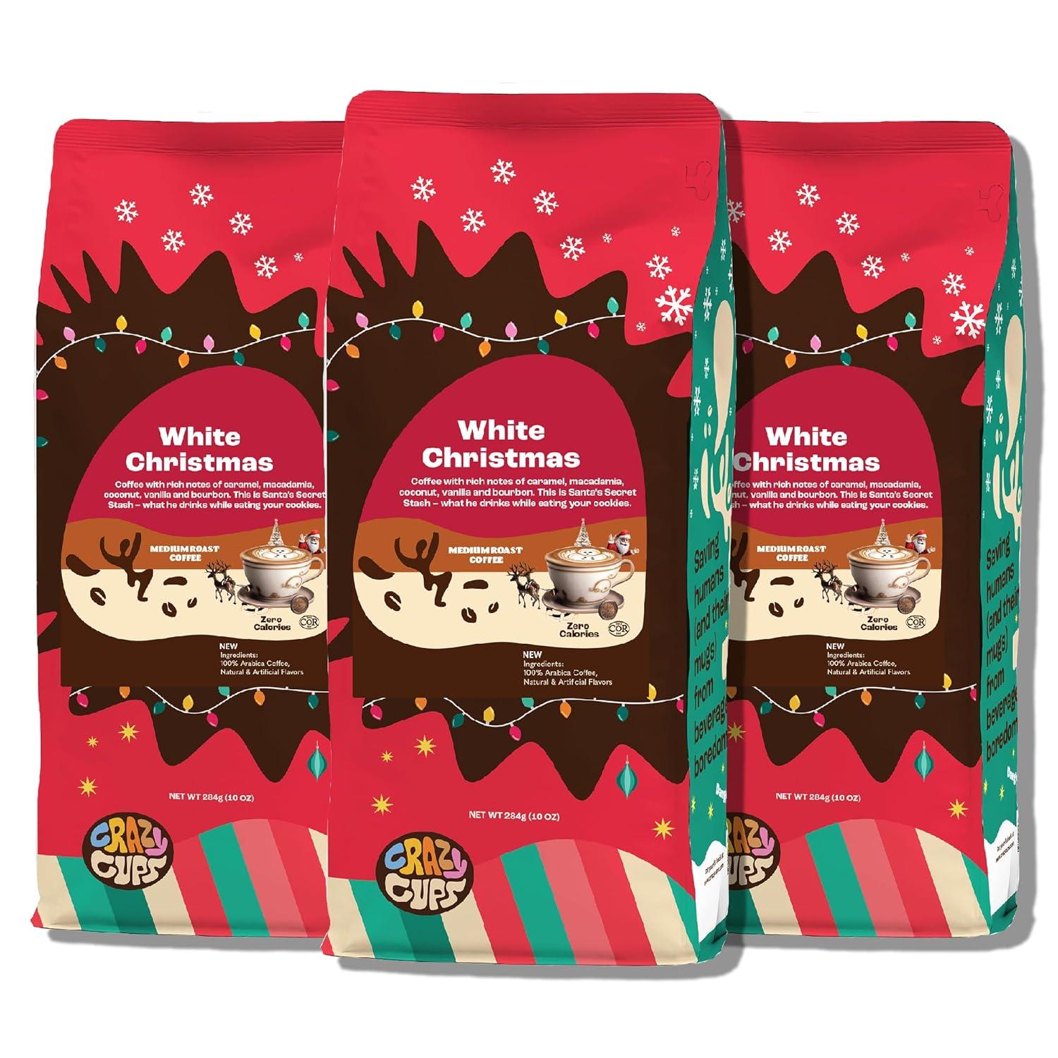 image:imageCrazy Cups Flavored Holiday Ground Coffee Variety Pack Includes Holiday Spice White Christmas Caramel Eggnog in 10 oz Bags 3 PackWhite Christmas
