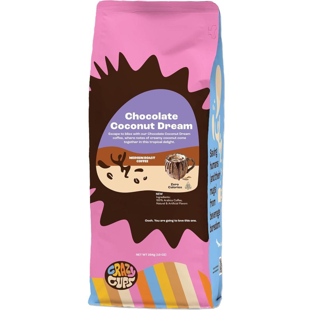 image:imageCrazy Cups Decaf Flavored Ground Coffee Variety Pack Includes Chocolate Hazelnut French Vanilla and Death by Chocolate in 10 oz Bags For Brewing Flavored Hot or Iced Decaf Coffee Variety 3 PackChocolate Coconut Dream