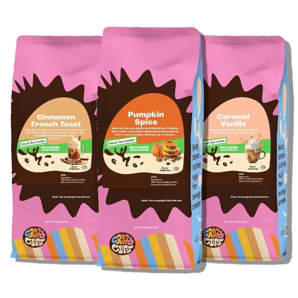 image:imageCrazy Cups Decaf Flavored Ground Coffee Variety Pack Includes Chocolate Hazelnut French Vanilla and Death by Chocolate in 10 oz Bags For Brewing Flavored Hot or Iced Decaf Coffee Variety 3 PackDecaf Variety Pack