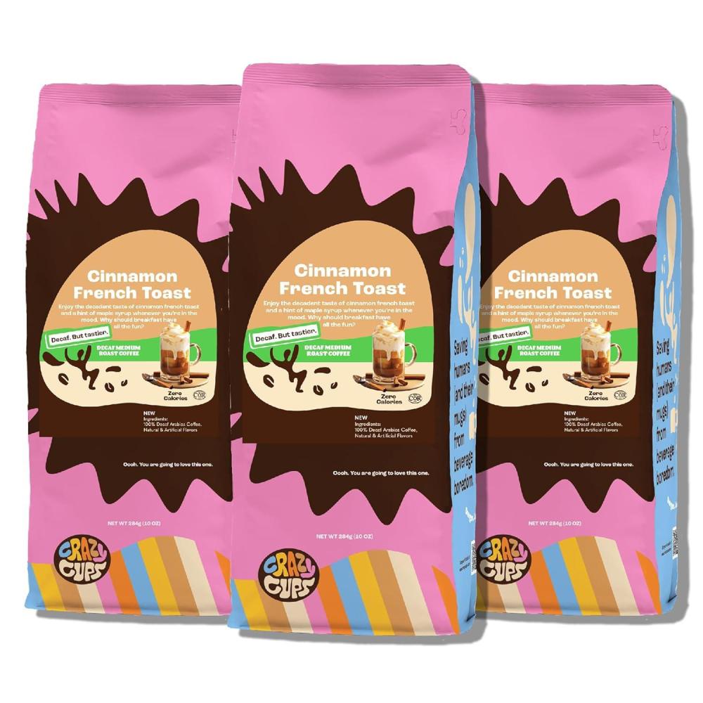 image:imageCrazy Cups Decaf Flavored Ground Coffee Variety Pack Includes Chocolate Hazelnut French Vanilla and Death by Chocolate in 10 oz Bags For Brewing Flavored Hot or Iced Decaf Coffee Variety 3 PackDecaf Cinnamon French Toast