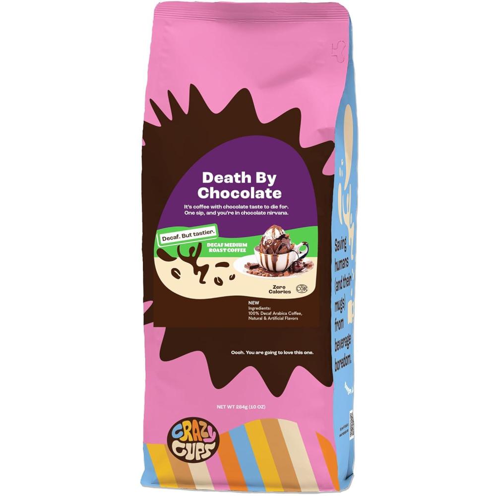 image:imageCrazy Cups Decaf Flavored Ground Coffee Variety Pack Includes Chocolate Hazelnut French Vanilla and Death by Chocolate in 10 oz Bags For Brewing Flavored Hot or Iced Decaf Coffee Variety 3 PackDecaf Death by Chocolate