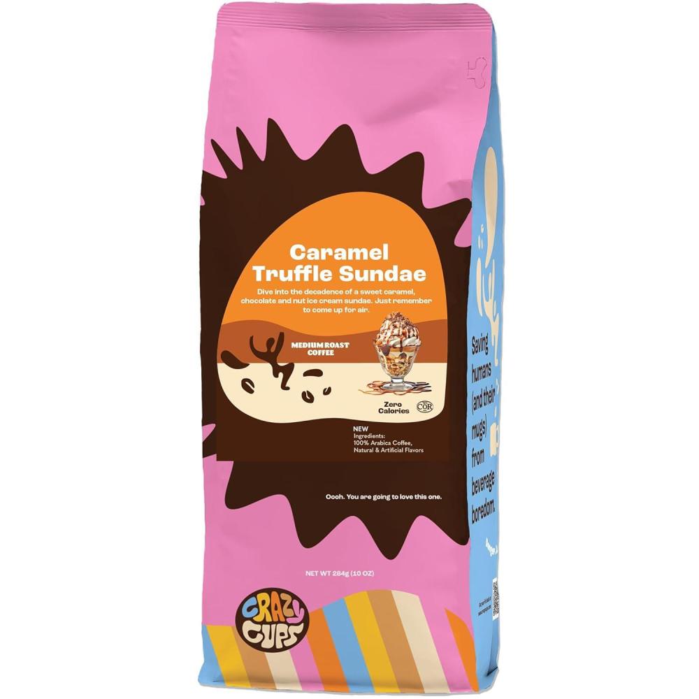 image:imageCrazy Cups Decaf Flavored Ground Coffee Variety Pack Includes Chocolate Hazelnut French Vanilla and Death by Chocolate in 10 oz Bags For Brewing Flavored Hot or Iced Decaf Coffee Variety 3 PackCaramel Truffle Sundae