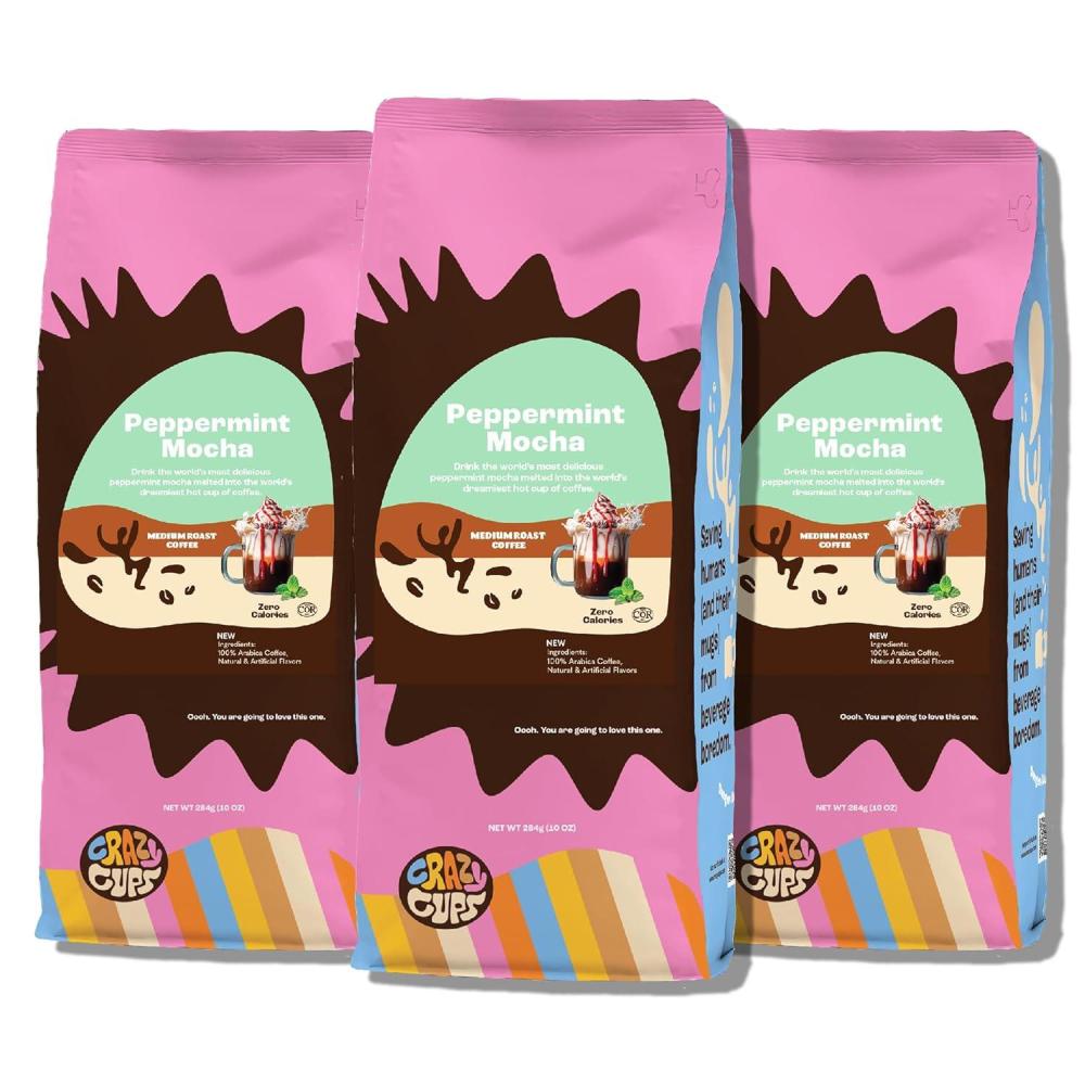 image:imageCrazy Cups Flavored Holiday Ground Coffee Variety Pack Includes Holiday Spice White Christmas Caramel Eggnog in 10 oz Bags 3 PackPeppermint Mocha