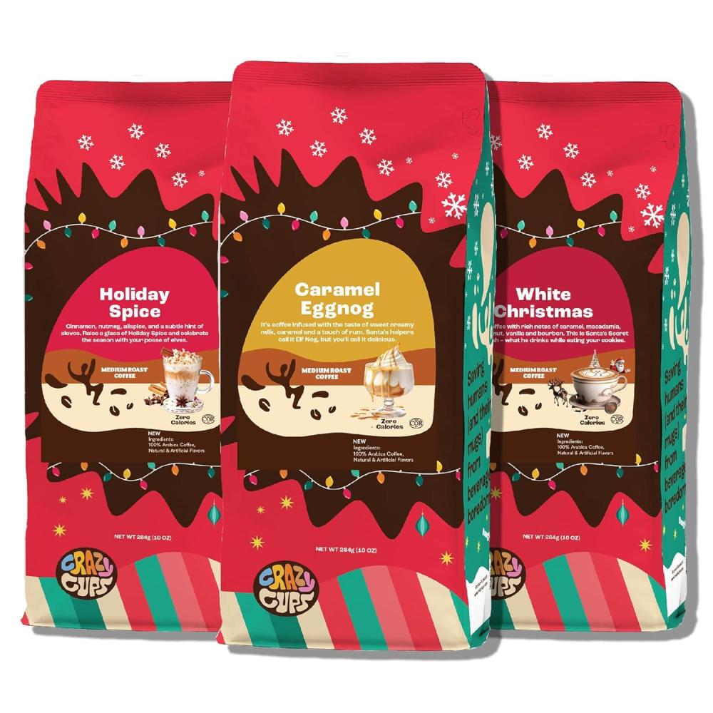 image:imageCrazy Cups Flavored Holiday Ground Coffee Variety Pack Includes Holiday Spice White Christmas Caramel Eggnog in 10 oz Bags 3 PackSeasonal Variety Pack