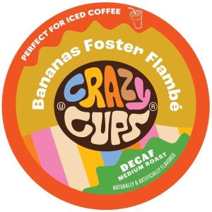 Crazy Cups Decaf Flavored Coffee Pods, Decaf Eggnog Coffee, Holiday Blend Coffee, Single Serve Coffee for Keurig K Cups Machines, Hot or Iced Coffee, Medium Roast Coffee, 22 Count(Decaf Banana Foster Flambe)