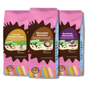 Crazy Cups Decaf Flavored Ground Coffee Variety Pack, Includes Chocolate Hazelnut, French Vanilla and Death by Chocolate, in 10 oz Bags, For Brewing Flavored Hot or Iced Decaf Coffee, Variety 3 Pack(Decaf Flavored Variety)