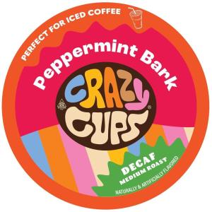 Crazy Cups Decaf Peppermint Bark Flavored Coffee pods, Holiday Single-Serve Medium Roast Coffee Cups for Keurig K-Cup Machines, Hot or Iced(Pack of 1, 22 Count Total)(Peppermint Bark)