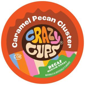 Crazy Cups Decaf Praline Nutcracker Flavored Coffee Pods, Praline Pecan Decaf Coffee, Single Serve Coffee for Keurig K Cups Machines, Medium Roast Coffee, 22 Count(Decaf Caramel Pecan Cluster)