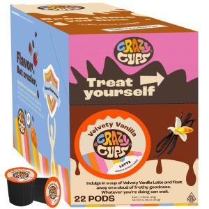 Crazy Cups Flavored Coffee Pods – Santa’s Sugar Cookie Coffee, Holiday Blend, Medium Roast, Single Serve for Keurig K-Cup Machines, 22 Count in Recyclable Pods(Velvety Vanilla Latte)