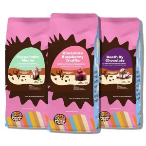Crazy Cups Flavored Holiday Ground Coffee Variety Pack, Includes Holiday Spice, White Christmas, Caramel Eggnog in 10 oz Bags, 3 Pack(Chocolate Lover’s Variety Pack)